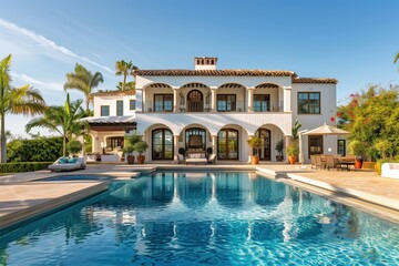 Elegant Mediterranean villa with expansive pool and lush palm trees, featuring arched balconies and luxurious outdoor seating, creating a perfect tropical escape for relaxation and leisure