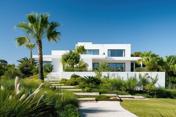 Modern Mediterranean villa with minimalist white architecture, surrounded by lush tropical gardens and palm trees, offering a serene and luxurious outdoor retreat under clear blue skies