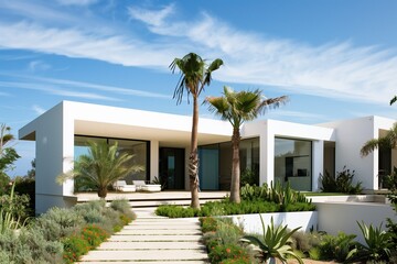 Contemporary Mediterranean villa with sleek minimalist white architecture, lush tropical landscaping, and palm trees, offering a luxurious outdoor space under a vibrant blue sky
