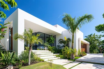 Fototapeta premium Contemporary Mediterranean villa with minimalist white cubic design, expansive glass windows, and lush tropical landscaping, creating a seamless blend of modern architecture and nature