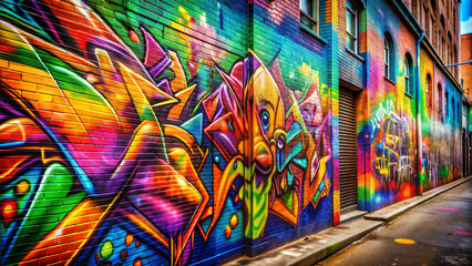 Fototapeta premium Vibrant street art mural on a brick wall in an urban alleyway