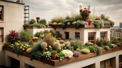 Lush rooftop garden filled with vibrant plants and colorful flowers