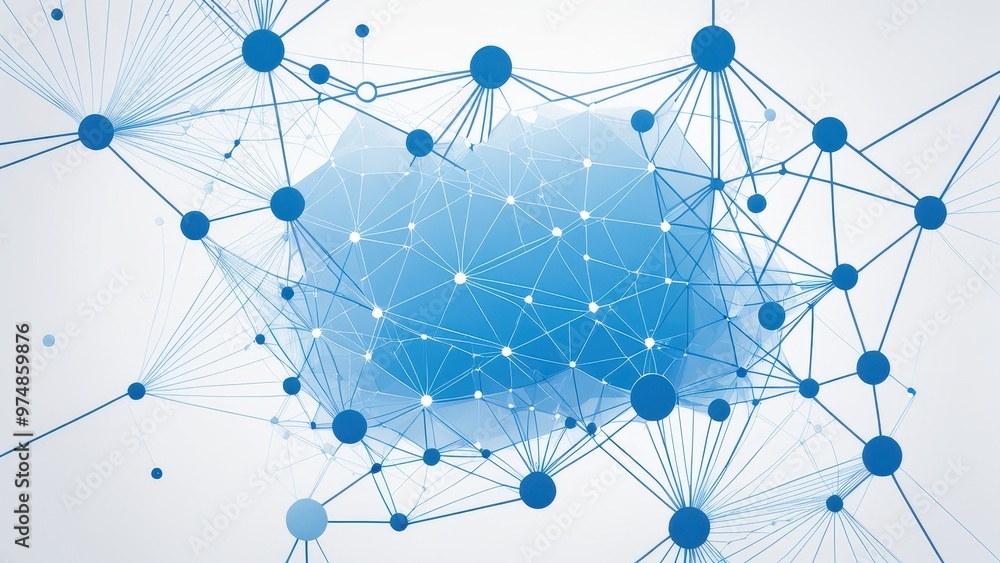 Poster abstract network illustration depicting interconnected nodes and lines in blue shades, symbolizing d