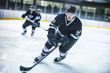 Hockey player on ice arena with puck