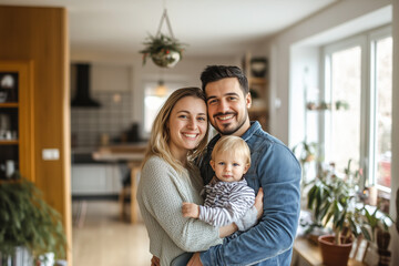 Fototapeta premium Young smiling family parents holding kid
