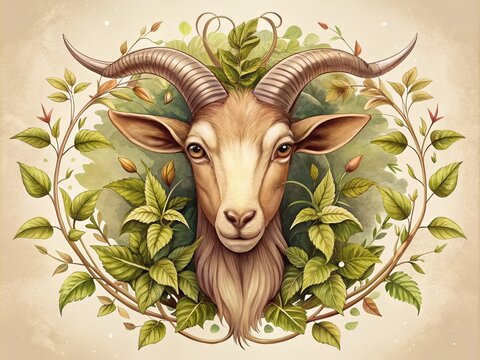 Earth tone background with a stylized illustration of a goat's head surrounded by leaves and vines, symbolizing