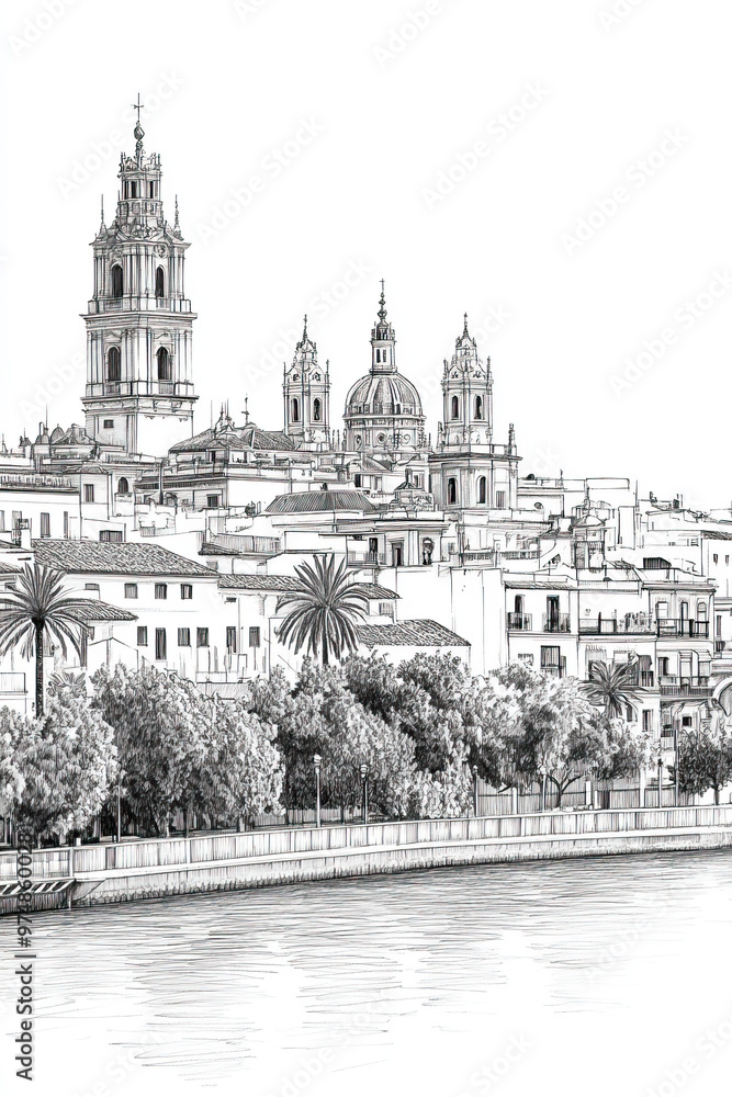 Wall mural Seville, Spain, black and white pen pencil hand-drawn effect portrait drawing illustration for travel poster, card, wallpaper, backdrop or banner. Modern, clear, artistic and simple