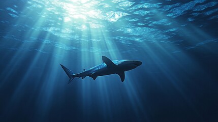 Fototapeta premium A shark swims through the blue water with sunlight rays beaming down.