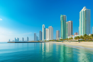 Naklejka premium Seafront beach with pier and tall building