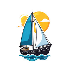 Glossy cool sailboat with blue sails isolated on white background