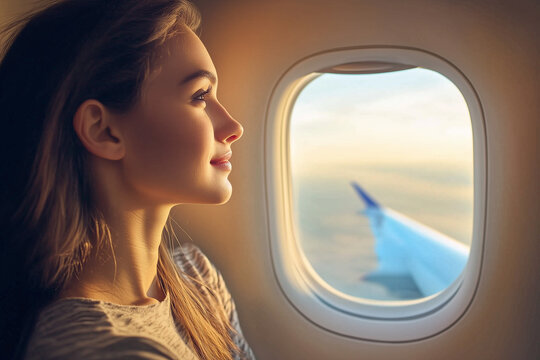 Young woman in plane side view on window