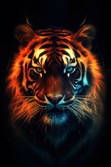 Obraz premium Fiery Majesty: A Bengal tiger blazes with neon intensity, its fierce gaze piercing the darkness in a captivating digital portrait. 