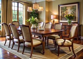 Elegant cane-back dining chairs surround a richly-polished wooden table, adorned with fine linens and decorative