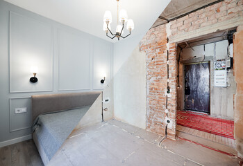 Old room with doorway and new renovated bedroom with bed, parquet floor and elegant interior design. Photo collage of apartment room before and after restoration or refurbishment.
