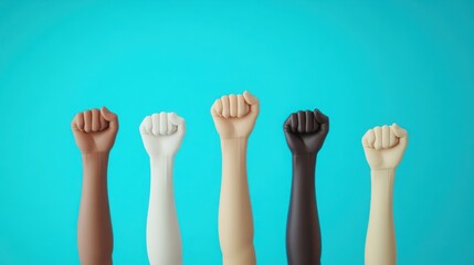 Woke identity concept, diverse hands raised in unity, 3D illustration