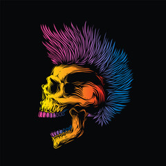 A skull with an open mouth and a punk rock hairstyle. T-shirt design, stickers, print.