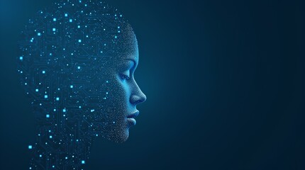 Big data and artificial intelligence concept. Machine learning and cyber mind domination concept in form of women face outline outline with circuit board and binary data flow on blue background AI