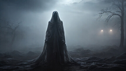Chillingly spectral ghost draped in a tattered sheet on dark foggy night, Halloween or Friday the 13th concept.