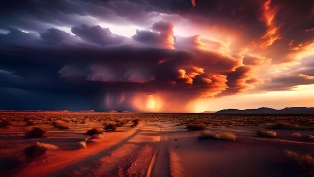 Dramatic thunderstorm rolling over desert with lightning strikes and vast horizon AI generative.