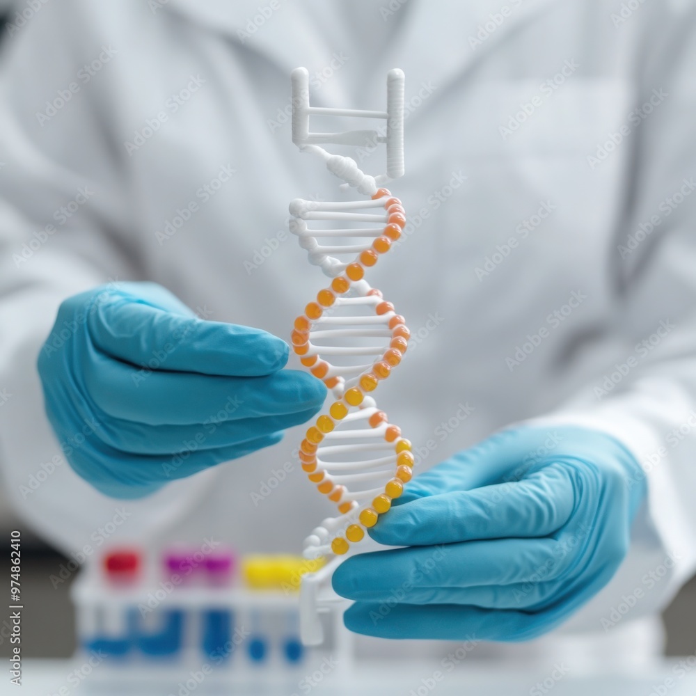Aufkleber close-up of scientist hands in gloves holding a dna strand in a sterile lab environment random add