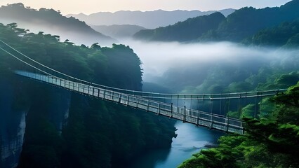 Obraz premium Suspension bridge spanning a misty canyon with dense forest and river below at sunrise AI generative.