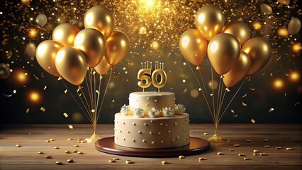 Elegant golden balloons and confetti surround a sprawling 50th birthday cake with five decades of memories and