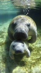 Fototapeta premium Mother Manatee Swimming with Her Calf in Crystal Clear Water with Air Bubbles, Photo Realistic, Pattern Background, Wallpaper, Cover and Screen for Smartphone, PC, Laptop, 9:16 and 16:9 Format