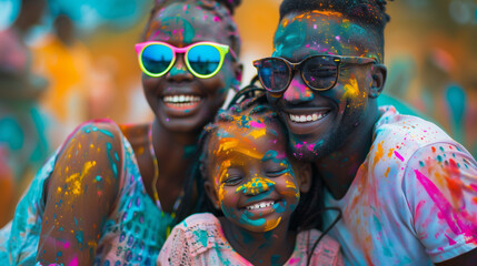 Obraz premium Cheerful african american family at the festival of colors Holi 
