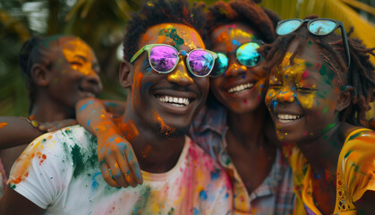 Cheerful african american family at the festival of colors Holi	
