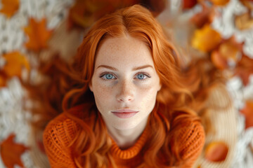 Portrait of girl with blue eyes and red hair wearing in knitted sweater looking at the camera against the background of autumn leaves. Close-up view from top