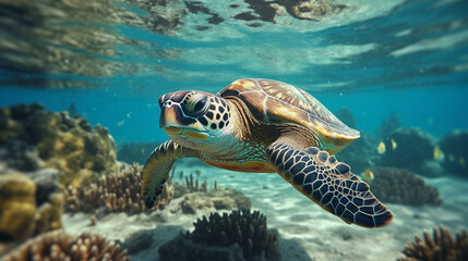 Fototapeta premium Sea turtle swimming underwater, vibrant coral reef backdrop, clear blue ocean environment 