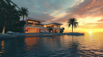 Fototapeta premium Modern Luxury Home with Infinity Pool at Sunset