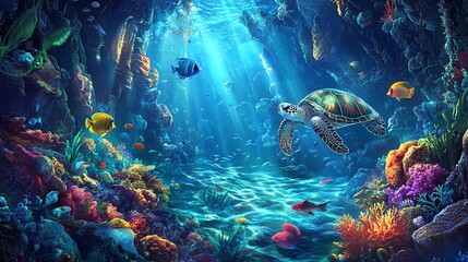 A sea turtle swims through a colorful coral reef in a cave lit by a beam of sunlight.