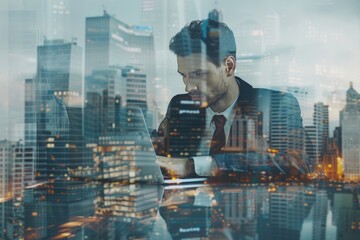 A man is typing on a laptop in front of a city skyline, generative ai image