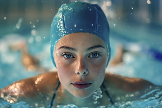 Close-up of a focused swimmer female wearing a blue swim cap in a swimming pool. The background is blurred. Concept athleticism and swimming competitions