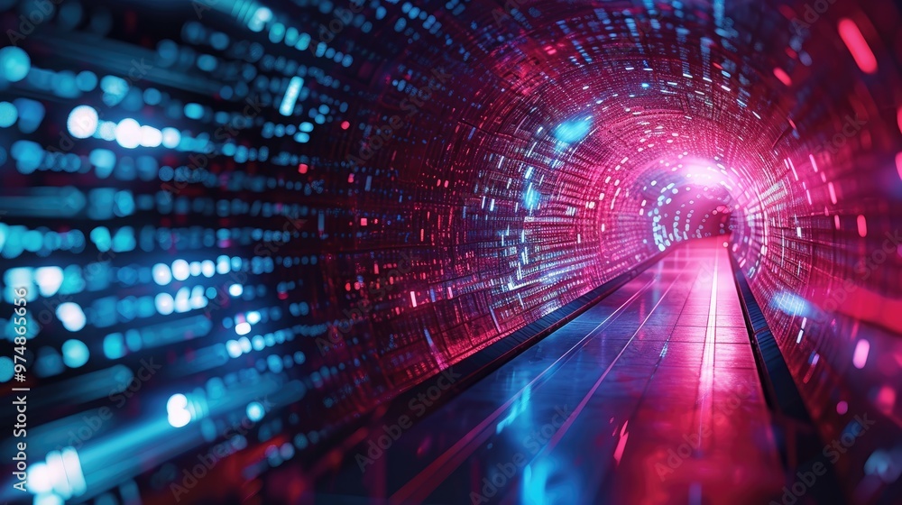 Poster futuristic digital tunnel with vibrant neon lights and glowing data points, representing advanced te