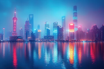 Obraz premium Night cityscape with vibrant neon lights reflected in the water.