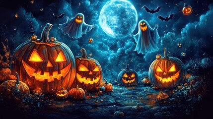 Obraz premium Spooky halloween night with glowing pumpkins, ghosts, and bats in a moonlit field