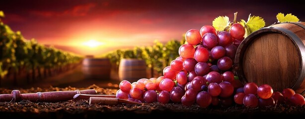 Close-up of grapevines heavy with fruit in a vineyard, with a farm setting in the distance, wooden...