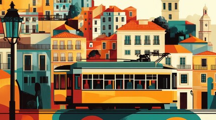 Vintage Lisbon Travel Illustration. AI generated illustration