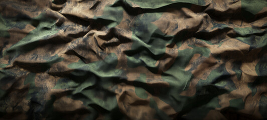 Obraz premium A top view of old, worn-out camouflage fabric with visible folds and creases