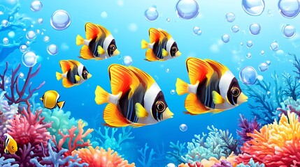 Fototapeta premium A school of colorful fish swim through a vibrant coral reef, surrounded by bubbles, in a clear blue ocean.