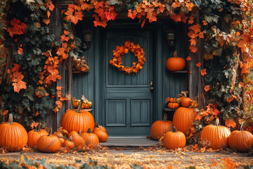 Obraz premium Autumn photo zone with pumpkins and orange leaves on the green door background and wreath on the door made of orange autumn leaves