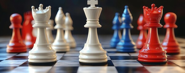 A close-up of a chessboard featuring white and red pieces in a strategic game setting, showcasing the intensity of competition.