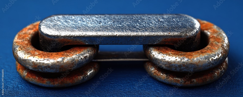 Poster a close-up view of a unique metal link showing a blend of rust and shine against a blue background.