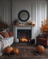 Aesthetic room interior design with Halloween elements. Wall with decoration in the apartment. Holiday pumpkins in the room.