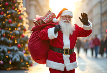 Santa Claus with a bag of gifts on his back walking down the street smiling waving, Christmas Eve