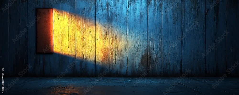 Poster a dark room illuminated by a striking beam of light streaming through an open window, creating a dra