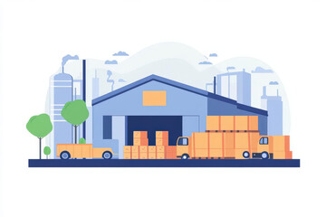 A modern factory scene depicting supply chain operations with trucks and storage boxes. vibrant colors and clear design illustrate importance of logistics in manufacturing
