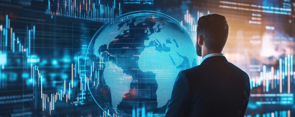 Business executive gazing at digital globe with financial data and graphs, reflecting modern and analytical approach to global markets